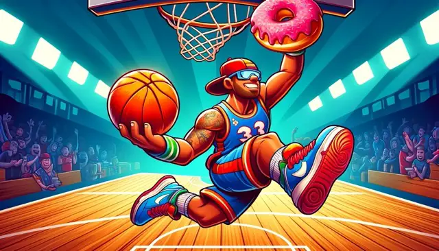 DALL·E 2024 04 12 12.41.35 A cartoon image of a basketball player mid air dunking a basketball with one hand while holding a donut in the other hand. The player is athletic we Medium