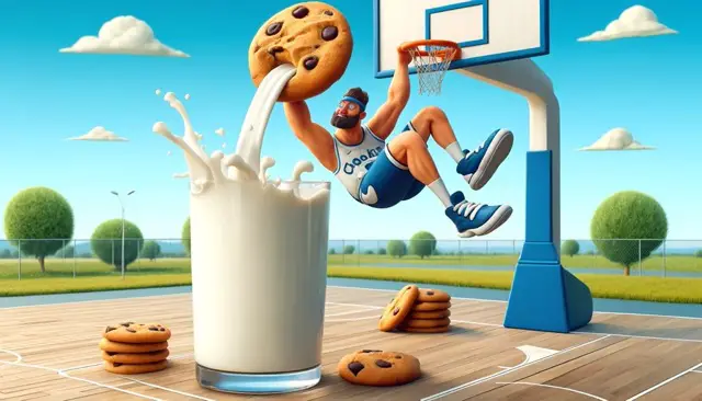 DALL·E 2024 04 12 12.44.00 A cartoon image of a basketball player in action at a basketball court creatively dunking cookies into a large glass of milk instead of a basketball Medium