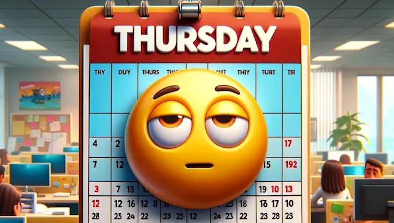 DALL·E 2024 04 21 12.27.51 A cartoon image of a Thursday on a calendar page prominently displayed in the center. The calendar page is vibrant and colorful highlighting Thursd Large